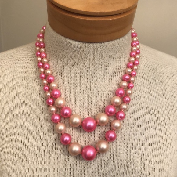 Vintage Double Stand Faux Pearls Pink & Cream Made in Japan - Picture 3 of 16